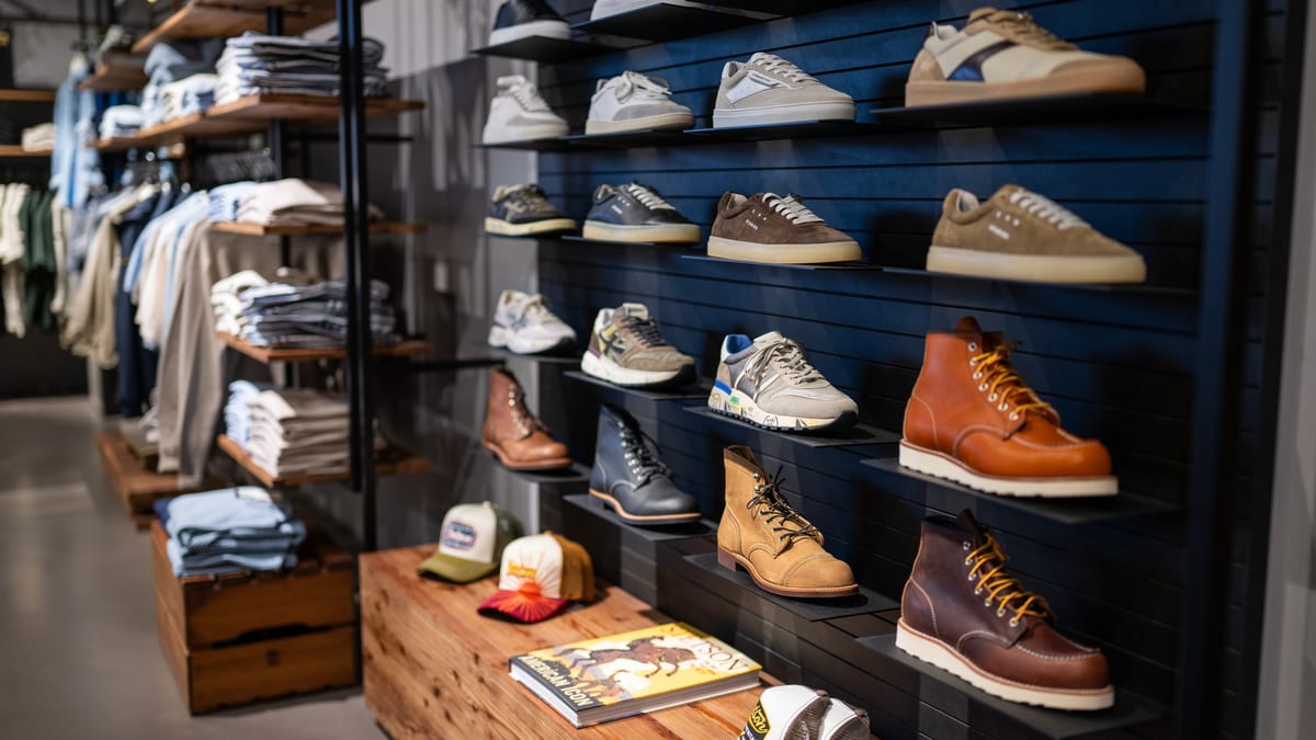 Wand mit Sneakern und Lederboots